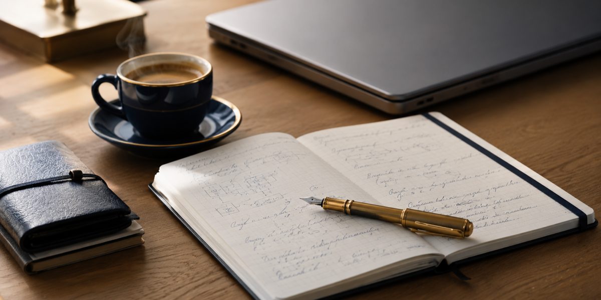 Biurko Marcina Góralskiego — Moleskine z odręcznymi notatkami procesu, mosiężny fountain pen i espresso obok zamkniętego MacBooka