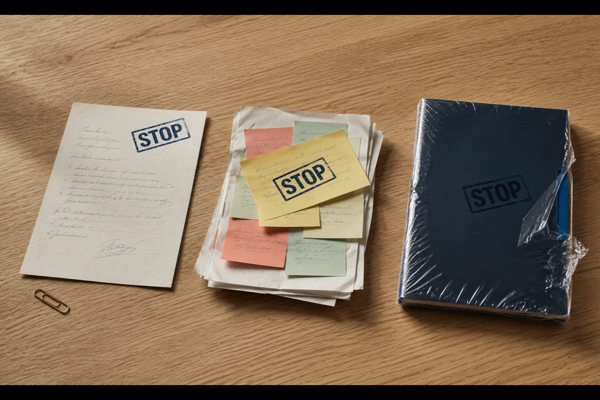 3 dokumenty na dębowym stole reprezentujące 3 typy firm które nie powinny jeszcze kupować CRM: LEFT pojedyncza kartka handwritten (solo operator), CENTER stos różnokolorowych Post-it (brak zdefiniowanego procesu), RIGHT zapieczętowany granatowy folder w folii (świeży zarząd) — każdy z pieczątką STOP w kolorze navy.