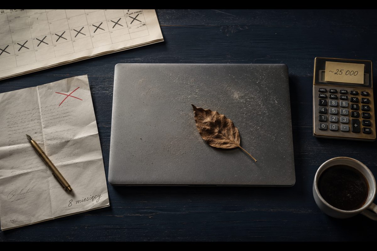 Overhead flat-lay na dark navy painted wood: matowy szary laptop zakurzony z suchym liściem (metafora zapomnianego CRM), po lewej złożona kartka umowy z brass fountain pen i handwritten 8 miesięcy + czerwony X, po prawej vintage kalkulator z żółtym Post-it 25 000, u góry kalendarz z 8 X-mi przekreślającymi miesiące, w prawym dolnym zapomniana filiżanka czarnej kawy. Metafora firmy która pominęła pre-CRM audyt i zmarnowała 25k PLN plus 8 miesięcy.