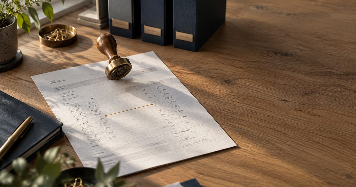 Faktura z mosiężnym stemplem zatwierdzenia i dwiema kolumnami odręcznych liczb połączonych mosiężną linią w miejscu, gdzie kwoty się zgadzają — metafora automatycznego uzgadniania faktur z wyciągiem bankowym