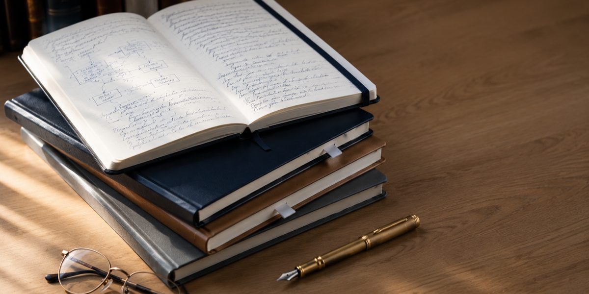 Strefa wiedzy — stos Moleskine z zakładkami, otwarty notes z odręcznymi notatkami procesu i mosiężny fountain pen