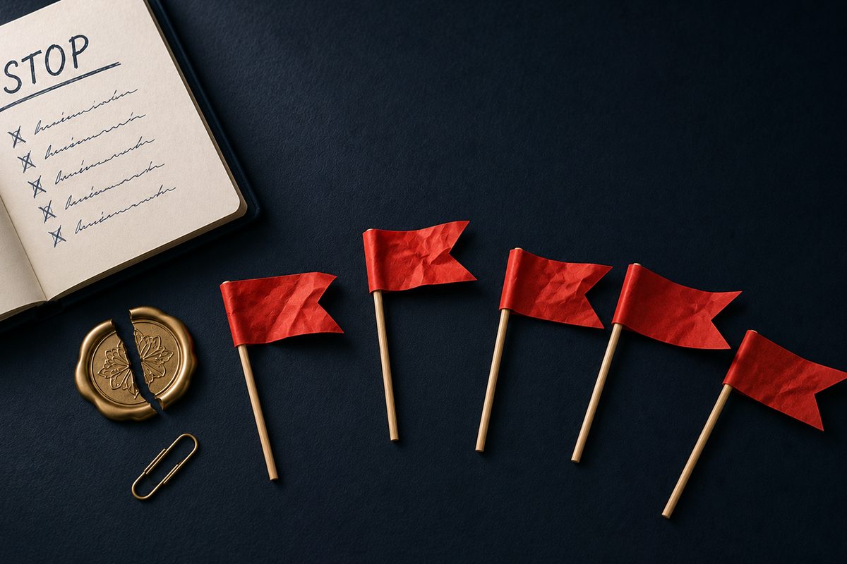 5 czerwonych flag przy wyborze wykonawcy Pipedrive — pięć stylizowanych małych czerwonych flag na drewnianych trzonkach opuszczonych niedbale w rzędzie na dark navy blacie, obok złamana i pęknięta mosiężna pieczęć jako metafora nieudanego formalnego zobowiązania i notatnik matowy granatowy z odręcznym nagłówkiem STOP w dark ink