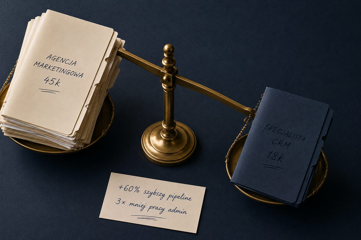 Mini-case wyboru wykonawcy Pipedrive — mosiężna waga balansu z krzywym 3-kolumnowym segregatorem AGENCJA MARKETINGOWA 45 tys. PLN po lewej i mniejszym granatowym segregatorem SPECJALISTA CRM 18 tys. PLN po prawej. Waga wyraźnie przechylona w prawo (mniejszy koszt, wyższa wartość). Poniżej wskazówka: +60% szybszy pipeline, 3× mniej ręcznej pracy admin