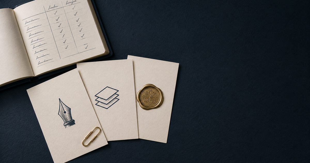 Cinematic overhead flat-lay: trzy puste (bez logo) mockupy wizytówek biznesowych rozłożone wachlarzem na navy blacie, każda z innym minimalistycznym ikonicznym symbolem rysowanym odręcznie — pojedyncze pióro dla solo freelancera, trzy nałożone warstwy dla agencji CRM, mosiężna pieczęć dla Pipedrive Certified Partnera. Obok otwarty notatnik z odręczną listą kontrolną i zaznaczonymi checkmarkami, mosiężny spinacz przytrzymujący jedną z kart. Metafora: wybór między trzema kandydatami na wykonawcę wdrożenia Pipedrive.