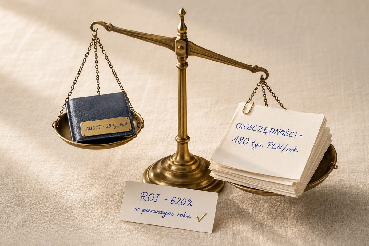 Mini-case ROI audytu procesów — mosiężna waga balansu z małym granatowym segregatorem AUDYT 25 tys. PLN po lewej i sterty cream dokumentów OSZCZĘDNOŚCI 180 tys. PLN/rok po prawej. Waga wyraźnie przechylona w prawo. Poniżej wyraźna wskazówka: ROI +620% w pierwszym roku