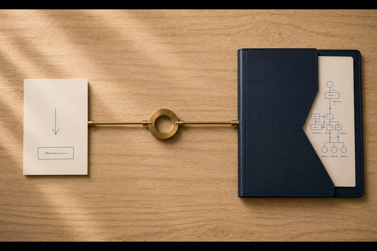 Overhead flat-lay architektoniczne: LEFT cream landing page card z arrow i CTA, CENTER polished brass ring connector z dwoma wire rods radiating horizontally, RIGHT navy leather portfolio z widoczną kartką z sitemap-like flowchart. Metafora hybrydy LP + strona firmowa.