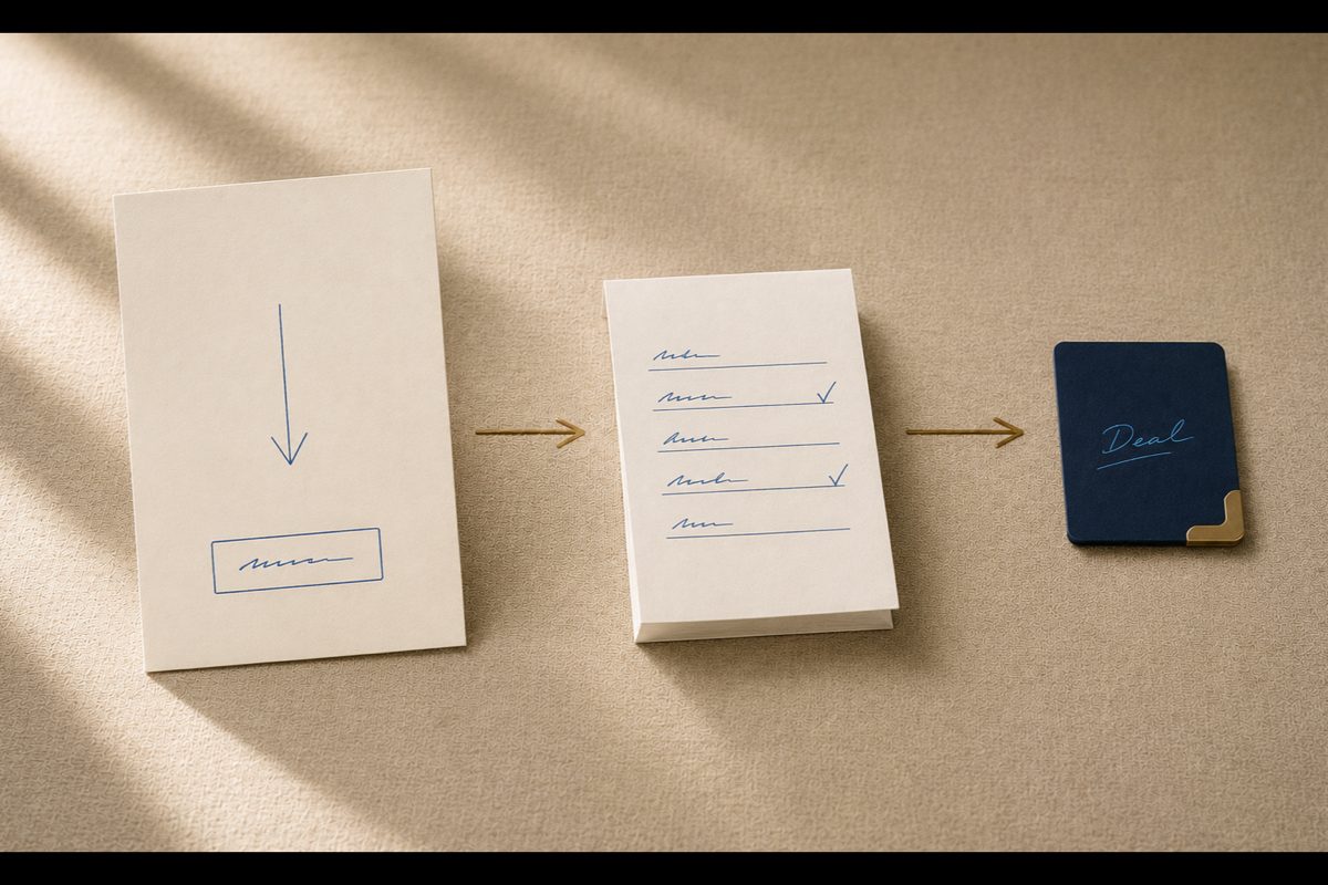 3-stage funnel na cream linen: LEFT LARGE cream landing page card z arrow i CTA, CENTER MEDIUM cream form card z 5 lines i 2 checkmarks, RIGHT SMALL navy Deal card z brass corner tag. Brass ink arrows łączące. Metafora conversion path LP - form - CRM.