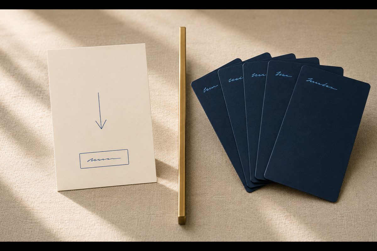 Cinematic 3/4 angle shot: split-composition na cream linen surface — LEFT single upright cream landing page card z hand-drawn arrow i CTA box na dole, CENTER polished brass divider bar, RIGHT fanned deck 5 matte deep navy cards z cursive labels na górze (Home/Oferta/O nas/Blog/Kontakt). Metafora porównanie: single focused conversion (LP) vs multi-page ecosystem (strona firmowa).