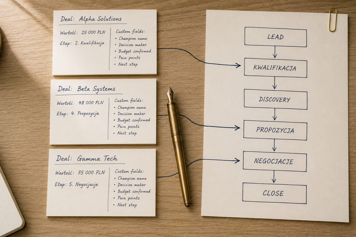 Overhead flat-lay z 3 vertical Pipedrive-aesthetic deal cards po lewej (każda z Deal name, Wartość PLN, Etap, custom fields: Champion name, Decision maker, Budget confirmed, Pain points, Next step) i schematic pipeline diagram po prawej z 6 etapami procesu (LEAD → KWALIFIKACJA → DISCOVERY → PROPOZYCJA → NEGOCJACJE → CLOSE). Brass paperclip + fountain pen. Wizualna metafora mapowania procesu sprzedaży B2B na Pipedrive custom fields.