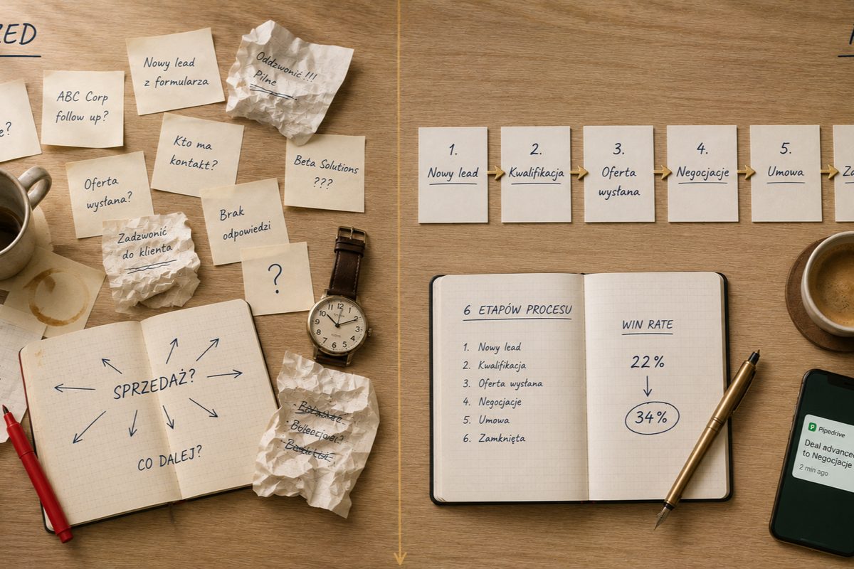 Split-screen overhead flat-lay: LEFT PRZED (chaos proces w głowach — scattered sticky notes z znakami zapytania, crumpled napkins, coffee ring stain, czerwony marker pen jako alert), RIGHT PO (proces w CRM — 6 tidy cream paper cards ułożonych w sekwencję z brass arrows, notebook z 22% → 34% win rate metrics, fresh espresso, smartphone Slack notification Deal advanced to Negocjacje). Wizualna narracja transformacji z ad-hoc do systematic sales process.