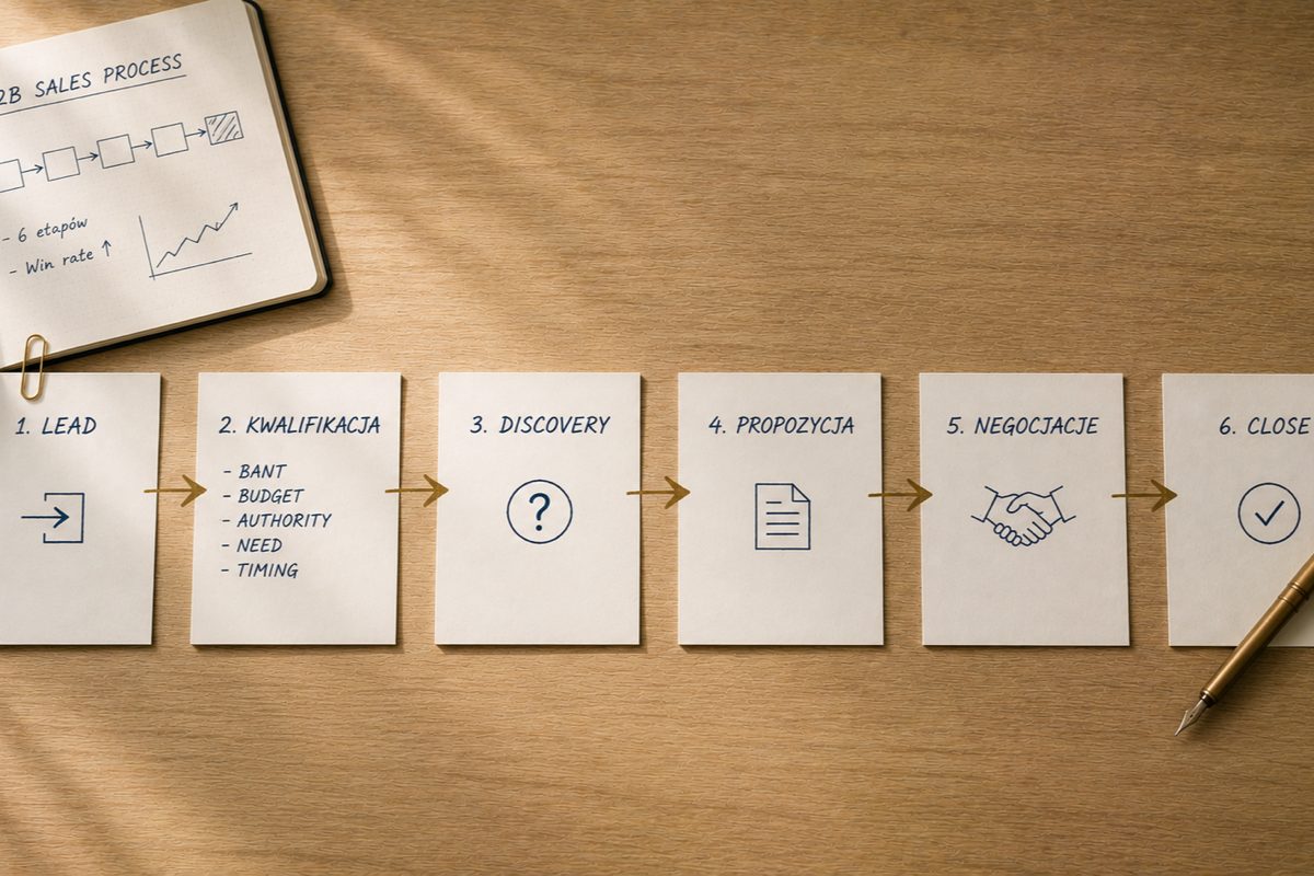 Overhead flat-lay 6 cream-white paper index cards ułożonych w poziomą sekwencję z brass ink arrows między nimi, każda karta z handwritten stage label (LEAD, KWALIFIKACJA, DISCOVERY, PROPOZYCJA, NEGOCJACJE, CLOSE). Brass fountain pen na ostatniej karcie sugerujący active writing. Notebook w rogu z B2B SALES PROCESS title. Modernistyczna B2B editorial fotografia (Monocle/Cereal style) ilustrująca framework 6 etapów procesu sprzedaży B2B.
