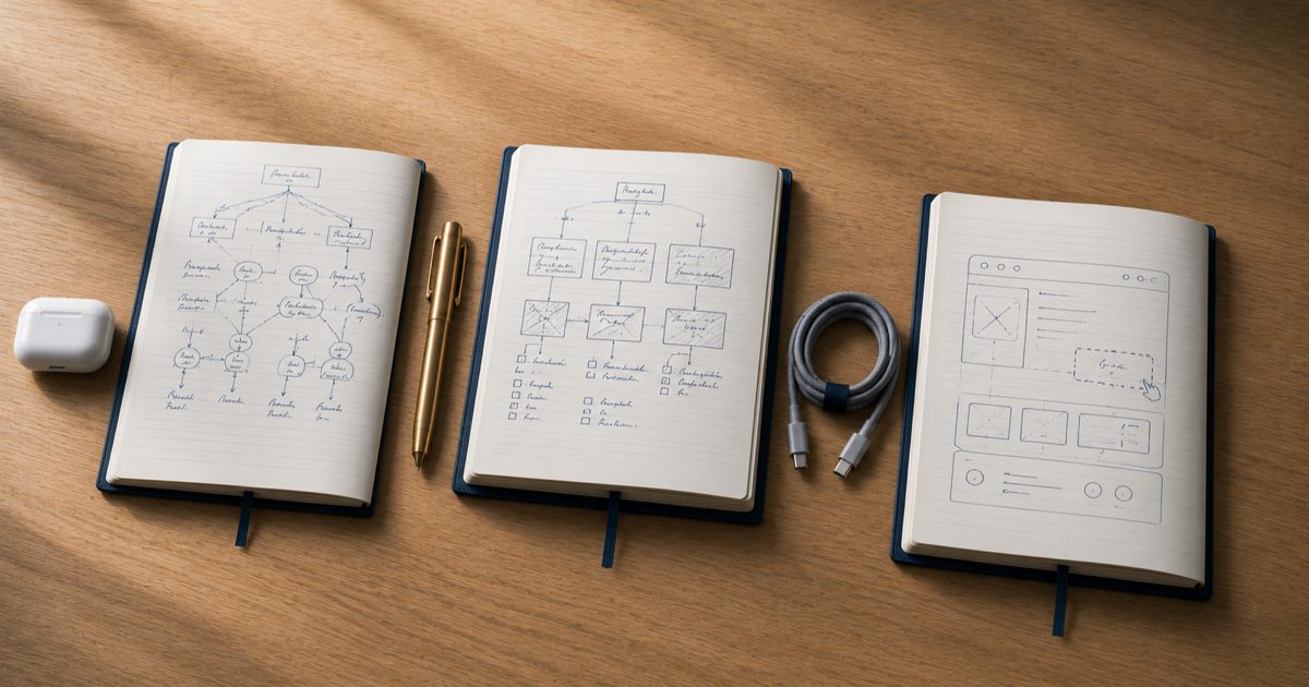 Trzy zeszyty z odręcznymi szkicami stron WordPress, Webflow i Wix obok siebie na biurku — symboliczne porównanie platform do tworzenia stron internetowych dla firm B2B