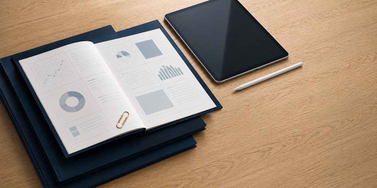 Archiwum projektów konsultingowych — matowe granatowe foliderki z układem case study, iPad Pro i mosiężny spinacz na biurku z jasnego dębu